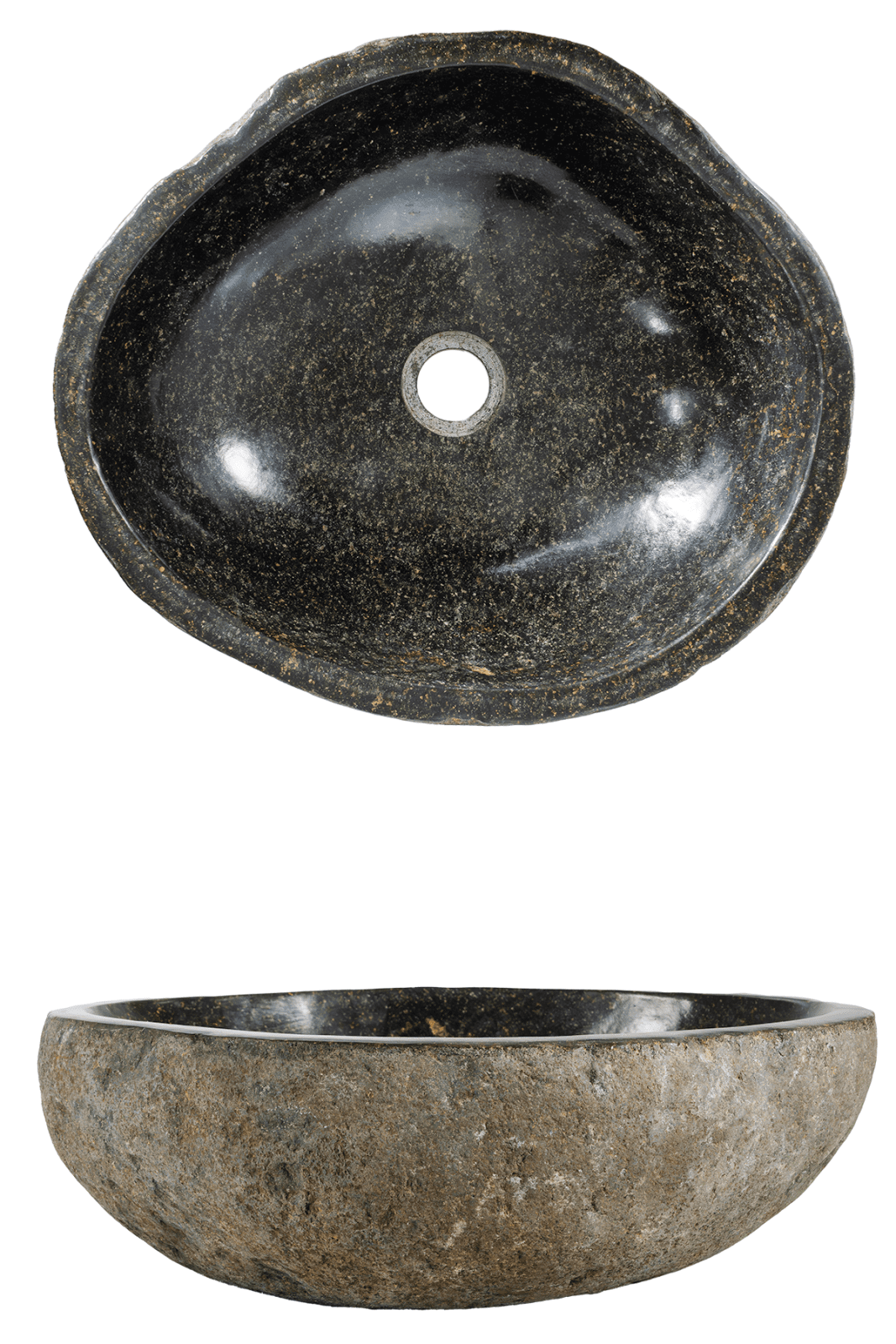 Top-right view of a black granite stone sink with a central drain hole, paired with a rough exterior stone bowl.