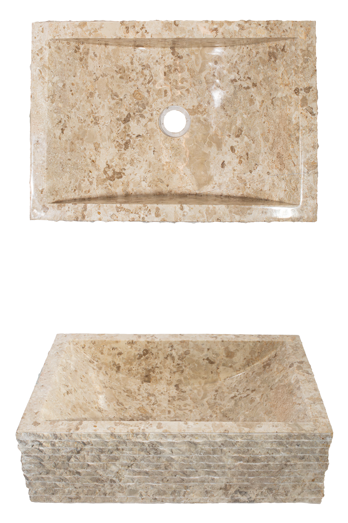 Beige travertine sink basins: a rectangular top sink with a centered drain, and a square bottom sink with rough stone texture.