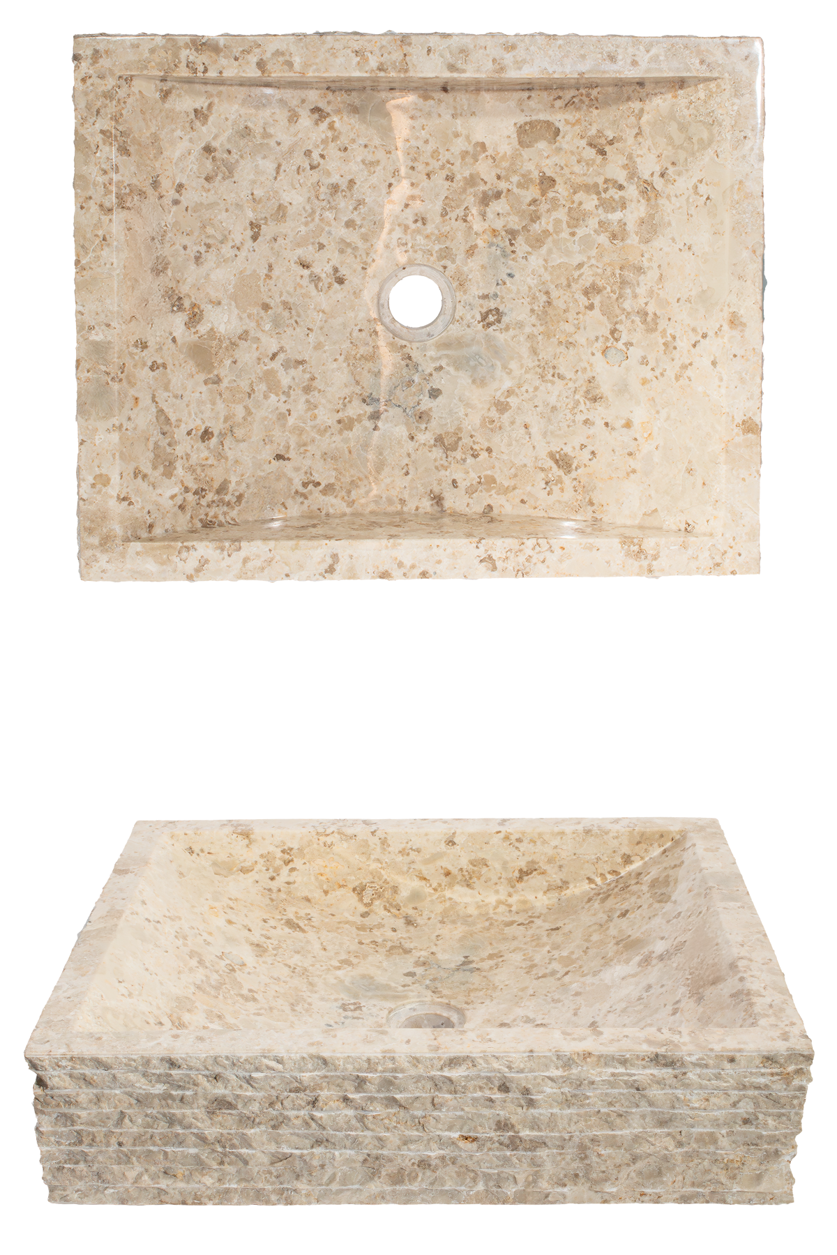 Beige stone vanity sink shown from top with central drain hole and a second view of a stone pedestal base beneath.