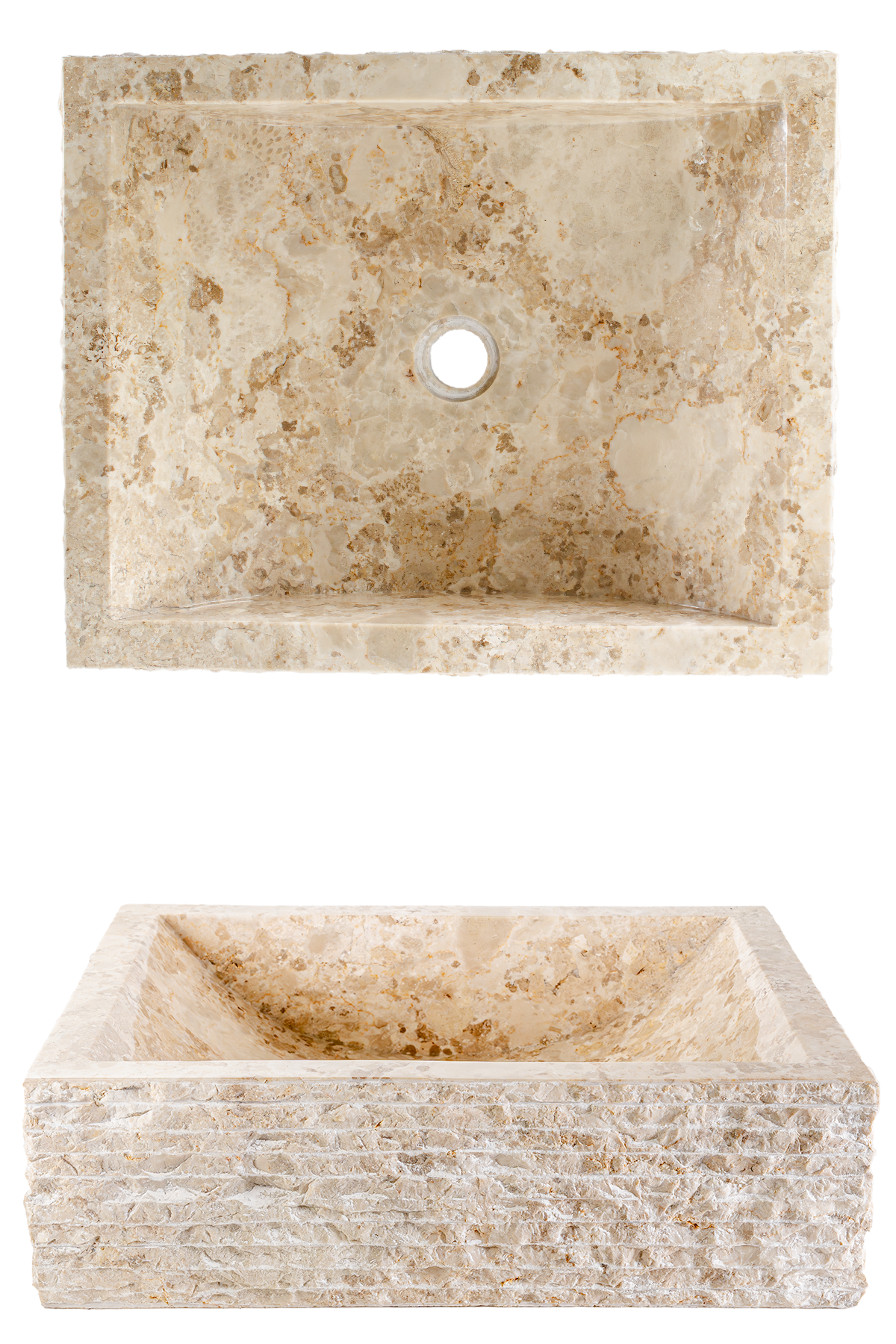 Two beige travertine sinks: a wall-mounted rectangular basin with a central drain above a freestanding square basin, both with rough stone texture.