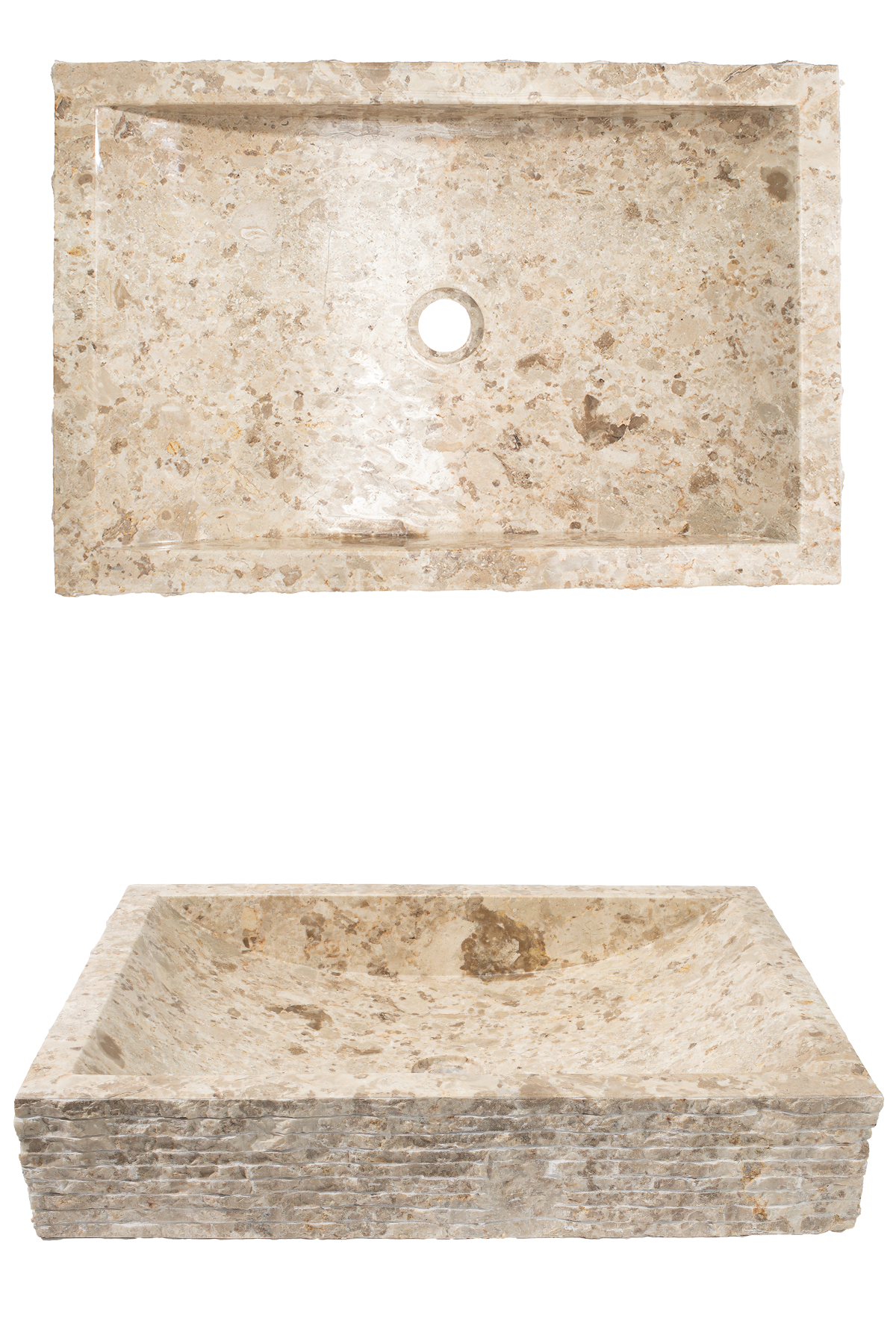 Beige travertine double sink: an upper rectangular sink with central drain and a lower square, basin-style sink with textured stone walls
