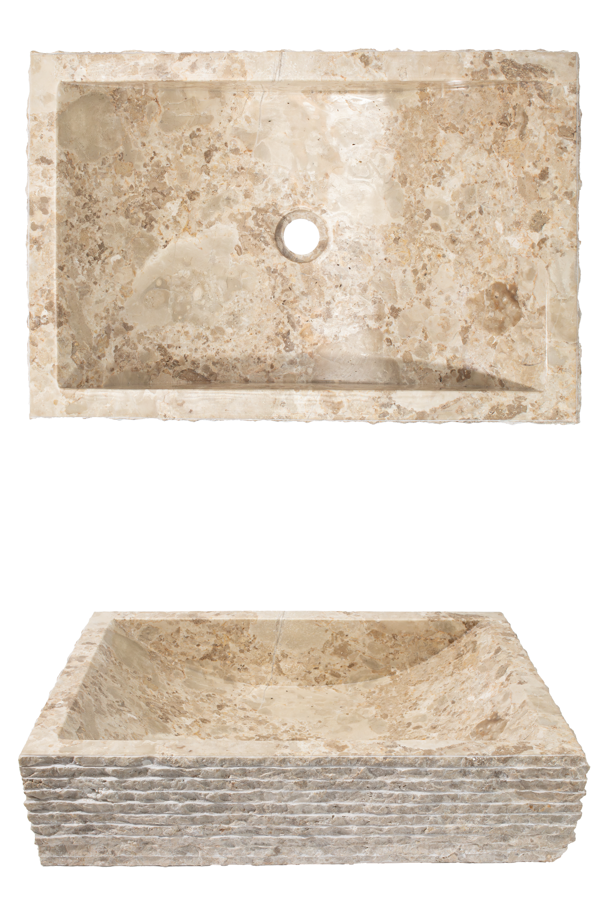 Two beige marble sinks: a rectangular top-mounted basin with a central drain, and a square carved basin with stacked stone sides.