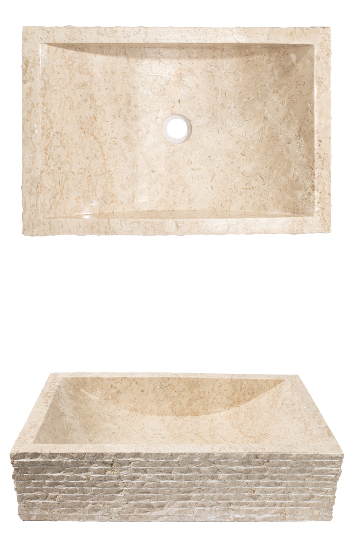 Beige stone bathroom sink: top image shows a rectangular inset basin with a central drain; bottom image shows a square vessel sink.