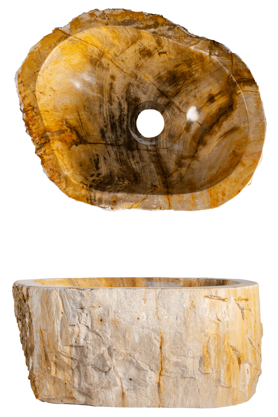 LINHA PETRIFICADA – Cubas esculpidas à partir de madeira petrificada (fóssil)