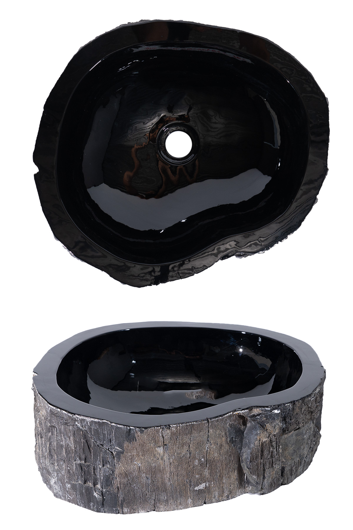 Glossy black ceramic bowl with a central hole, mounted on a rough wooden stump.